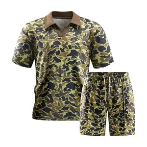 American retro camouflage color-block polo short-sleeve set for men, two-piece casual athletic shorts set