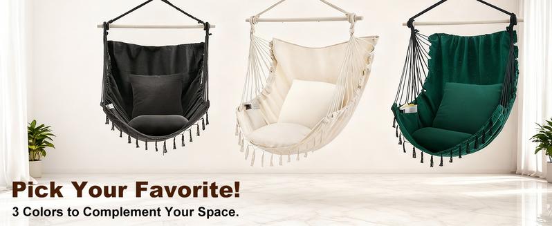Single Hammock Chair with 2 Cushions, 330 LB Capacity & Fringe Cotton Rope Design，Foldable Indoor Outdoor