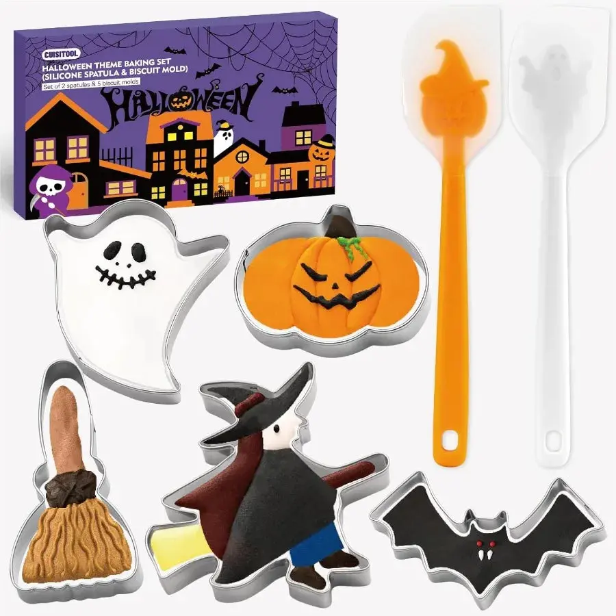 Halloween Cookie Cutter Set 7 Pieces Holiday Cookie Cutters in Stainless Steel with Halloween Spatula for Fun and Easy Baking D