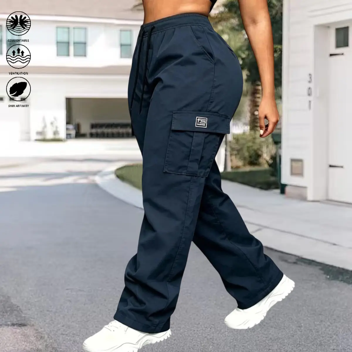 Women’s solid-color cargo pants featuring an elastic waistband with stretch and practical pockets with large capacity for convenient storage.Versatile women’s wear suitable for all seasons—ideal for everyday casual wear, outdoor outings, and workwear/unif
