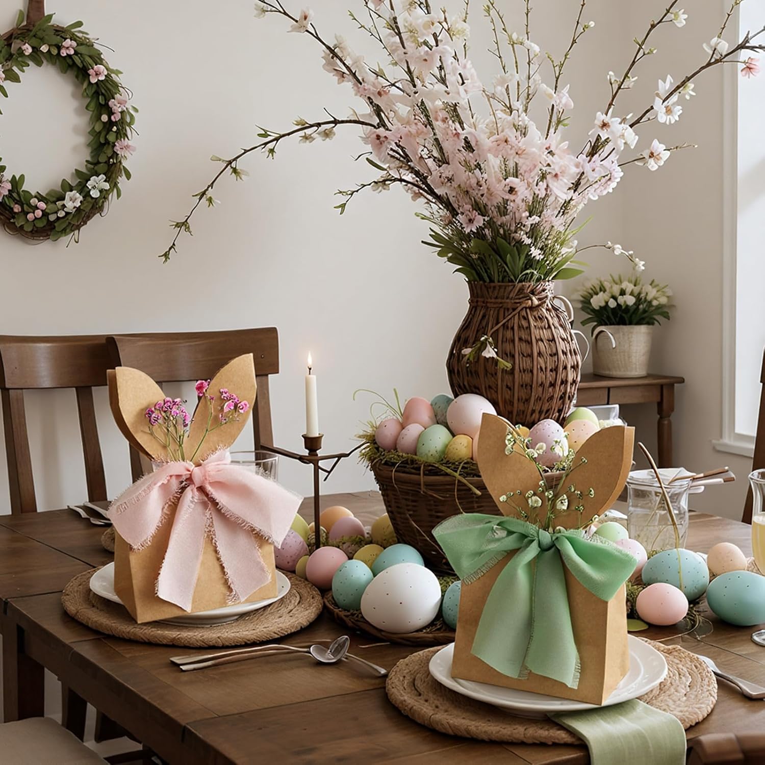 24/48 Pcs Boho Bow Easter Goodie Bags Bunny Paper Bags DIY Bunny Gift Boxes with Neutral Bow Ribbon Artificial Flower Rabbit Ear Treat Bags for Student Teacher Office Employee Coworker,School Classroom Table Decorations,Spring Birthday Wedding Party Favor