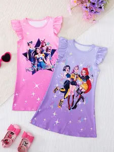 Girls' Kpop Spring Summer Casual Fashion Dress Set, Cute Cartoon Print, Slim-Fitting Short Sleeve, Comfortable Soft Fabric