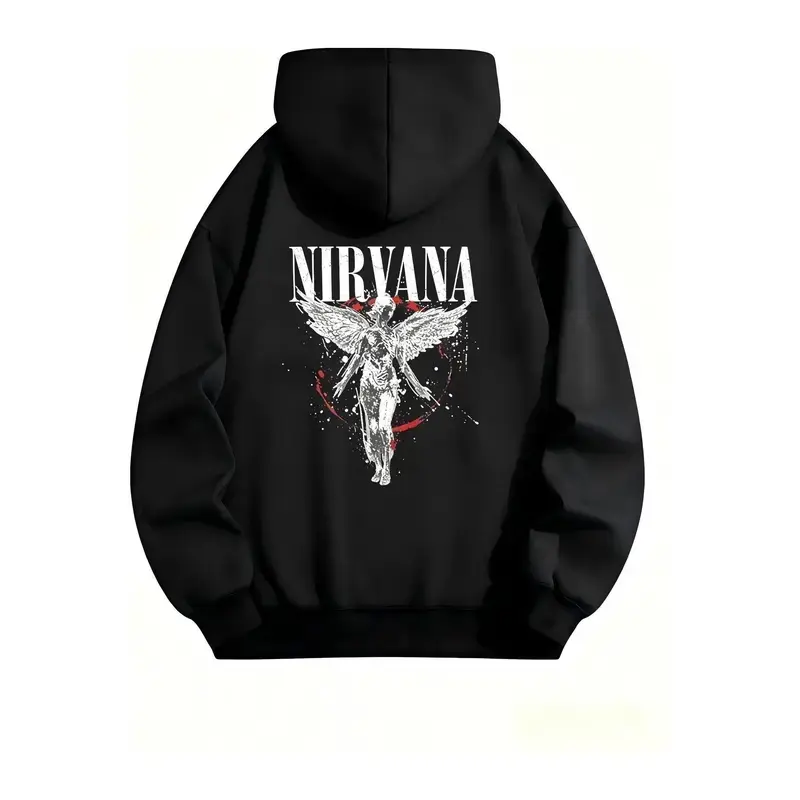 Grunge Hoodie Nirvana Angel Graphic Print Heavyweight Unisex Pullover 280g 380g Oversized Streetwear Fallen Angel Dark Fantasy Top Black White Crewneck Sweatshirt Long Sleeve Vintage Rock Music Casual Gift