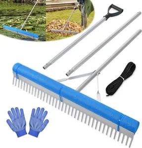 Floating Lake Rake, Leaf Collector for Gardening, 36"  Landscape Rake with Adjustable Handle, 33FT Rope & Float, Weed Algae Removal, Multifunctional Detachable Aquatic Weed Rakes