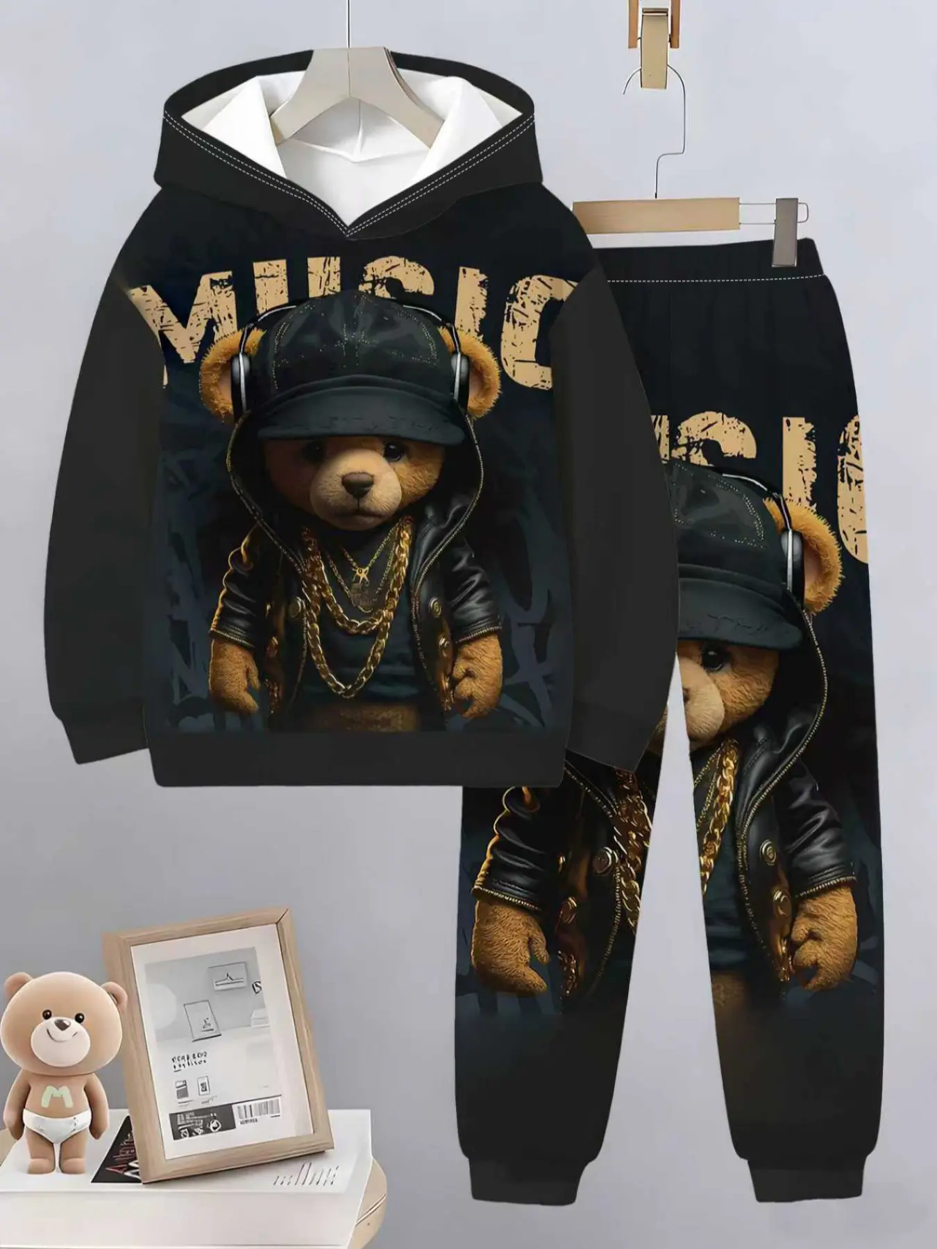 Boys' Digital Print Hoodie and Pants Set, Casual Fitted Two-Piece, Clothes Kids, Clothing Sets, Fall Winter Outdoor Wear, Geometric Pattern, Hoodies, Sweatpants, Graphic Print Set
