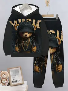 Boys' Digital Print Hoodie and Pants Set, Casual Fitted Two-Piece, Fall Winter Outdoor Wear, Geometric Pattern, Hoodies, Sweatpants