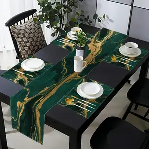 5-piece/7-piece table flag and placemat set, marble jade dark green, Rectangle kitchen and dining table mat, suitable for family gatherings, weddings/picnic parties, modern abstract gold art, kitchen and dining table decoration