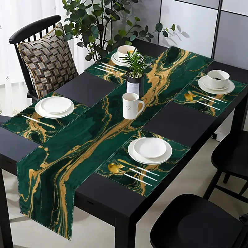 5-piece/7-piece table flag and placemat set, marble jade dark green, Rectangle home kitchen and dining table mat, suitable for family gatherings, weddings/picnic parties, modern abstract gold art Aesthetic, kitchen and dining table decoration