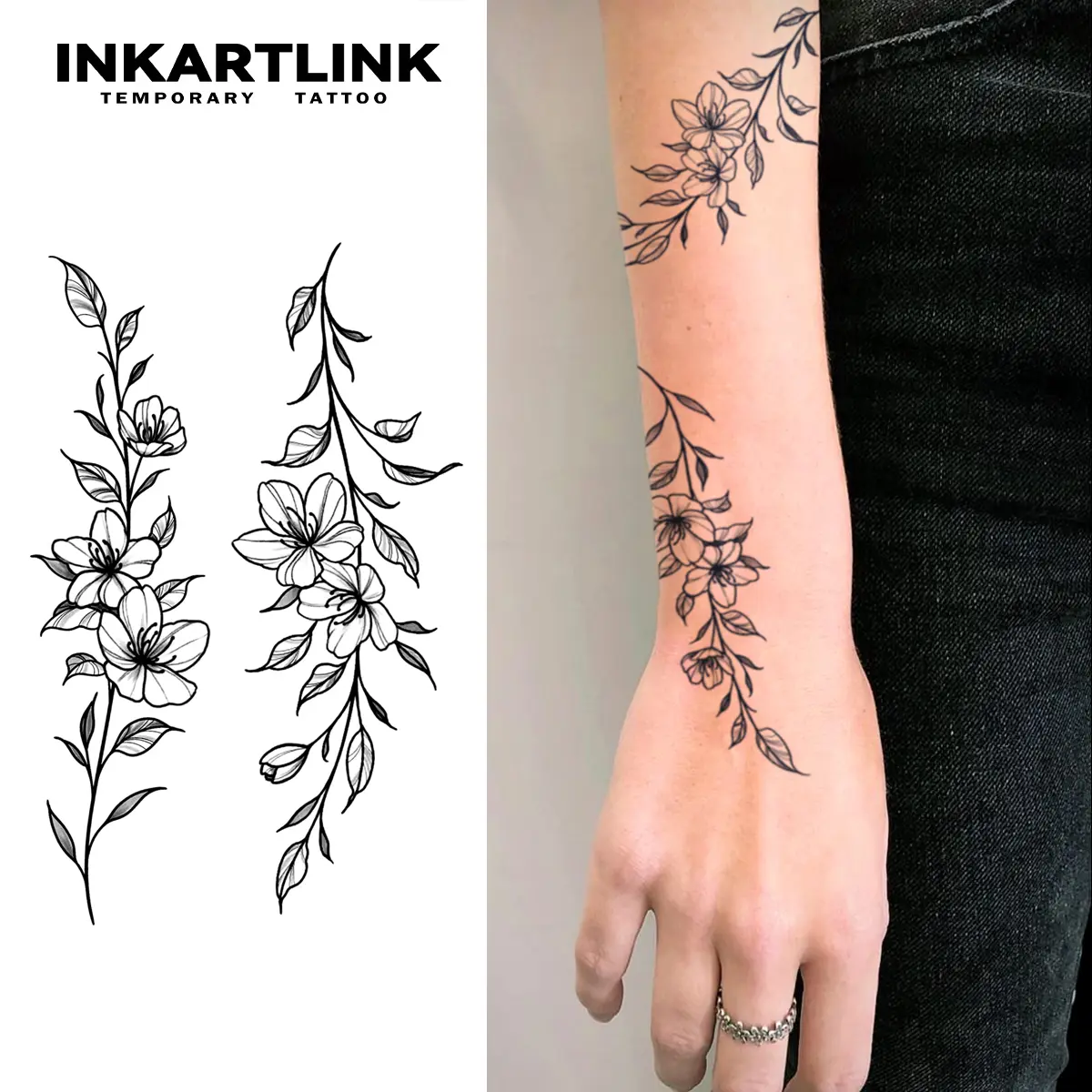 INKARTLINK Adhesive-Free Hyperrealistic Temporary Tattoo Stickers - 2 Inflorescence Sheets, 1 Adult Art Design, Waterproof, No Reflection, 1-2 Weeks Long Lasting, Tattoo Ideas for Adults, All Skin, Ideal for Swimming, Parties