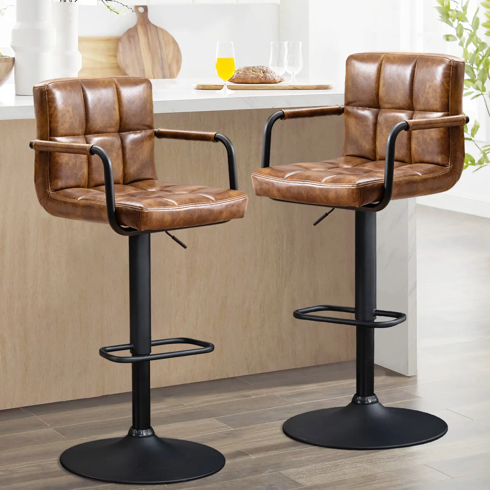 Furnimart 30" Leather Bar Stools Set of 2 Adjustable Modern Design Swivel Barstools for Kitchen and Dining Room
