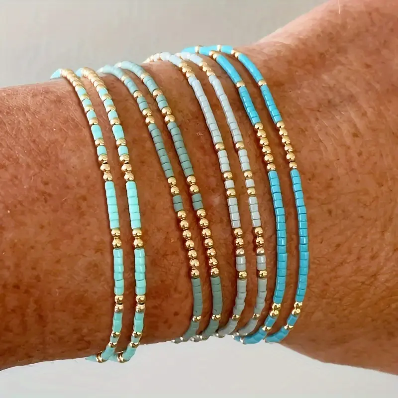 8PCS Bohemian Stackable Turquoise Metallic Bead Bracelet Set Vintage Ethnic Rice Beads Elastic Bracelets Colors Multi-layer Beaded Wristband Vacation Travel Beach Party Bangle Jewelry