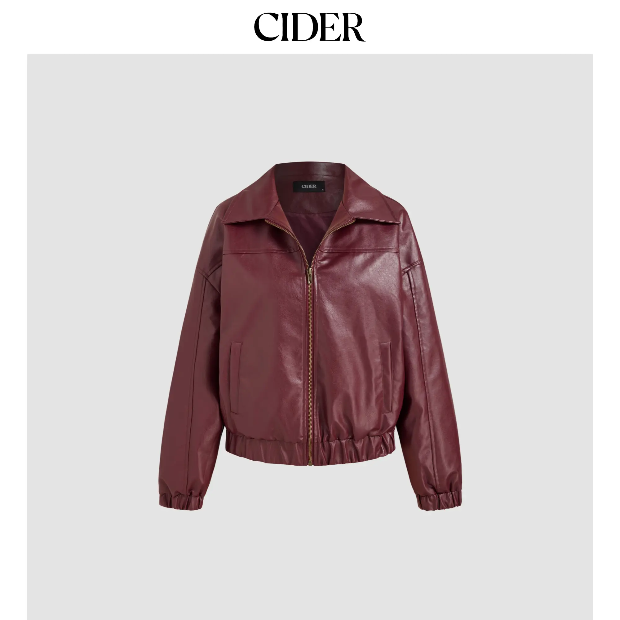 Cider [size 0-10] Faux Leather Collar Solid Pocket Zipper Bomber Jacket, Tops, Coats, Women, Long Sleeve, Casual, Zipper Closure