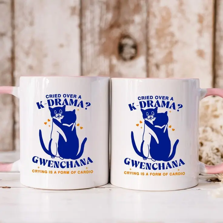 Ceramic White Blue Mug Gwenchana Kdrama Coffee Mug  Korean Drama Gift Kdrama Lover Hallyu Gift Cute Korean Cat Cafe Mug Cup Drinkware
