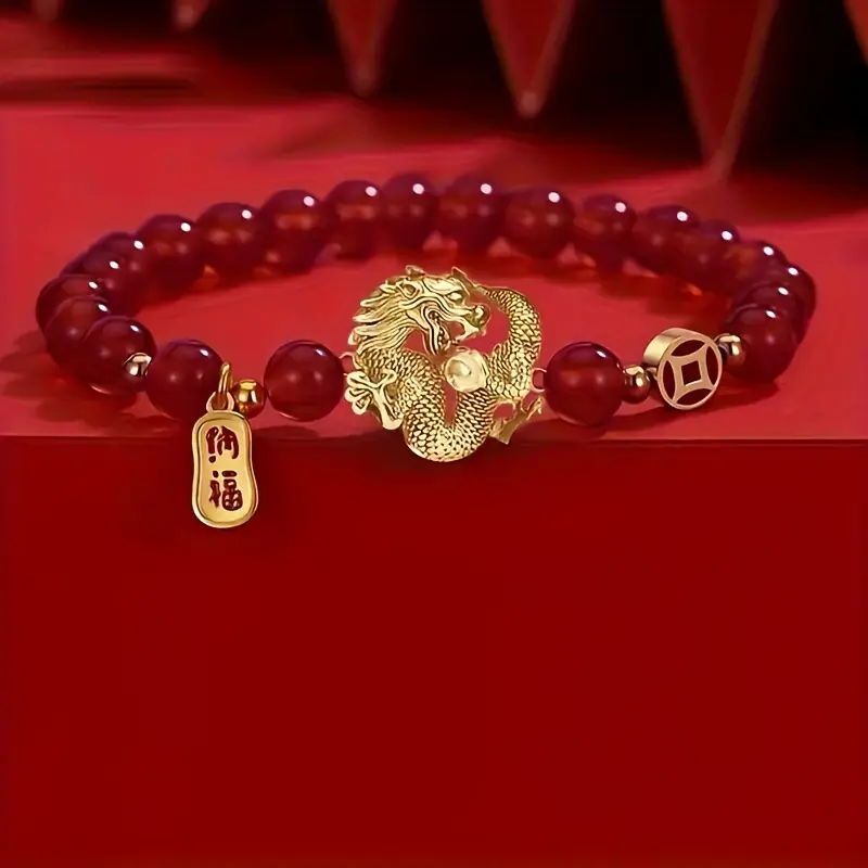 Unisex Dragon Motif Beaded Bracelet Set (2 Pieces) - Chinese Red and White Glass Beads, Fashion Costume Jewelry for Best Friends, Women