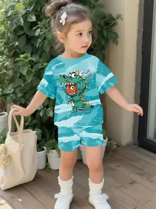 Camouflage Dinosaur Set Digital Print 100% Polyester Baby Short Sleeve Suit, Cute Toddler Casual Clothing, Perfect Gift for Kids