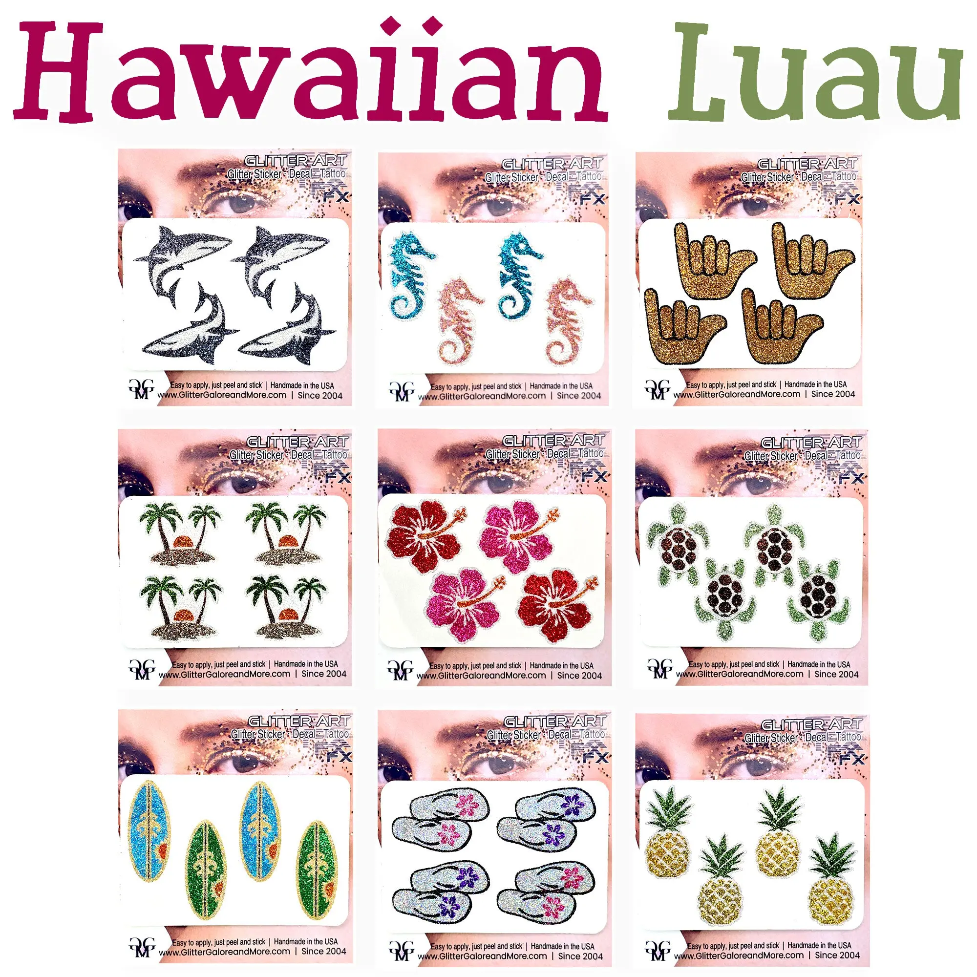 Hawaiian Luau Glitter Face Stickers, Beach Theme Body Tattoos, Party Favors.