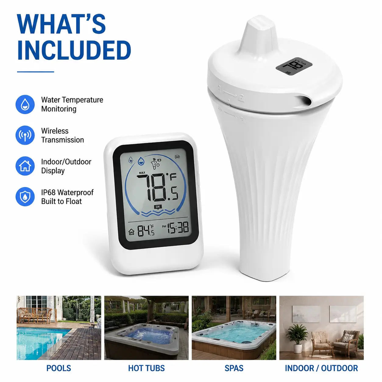 Wireless Pool Thermometer with Indoor Temperature Display, Floating IP68 Waterproof Sensor for Swimming Pools, Hot Tubs & Spas