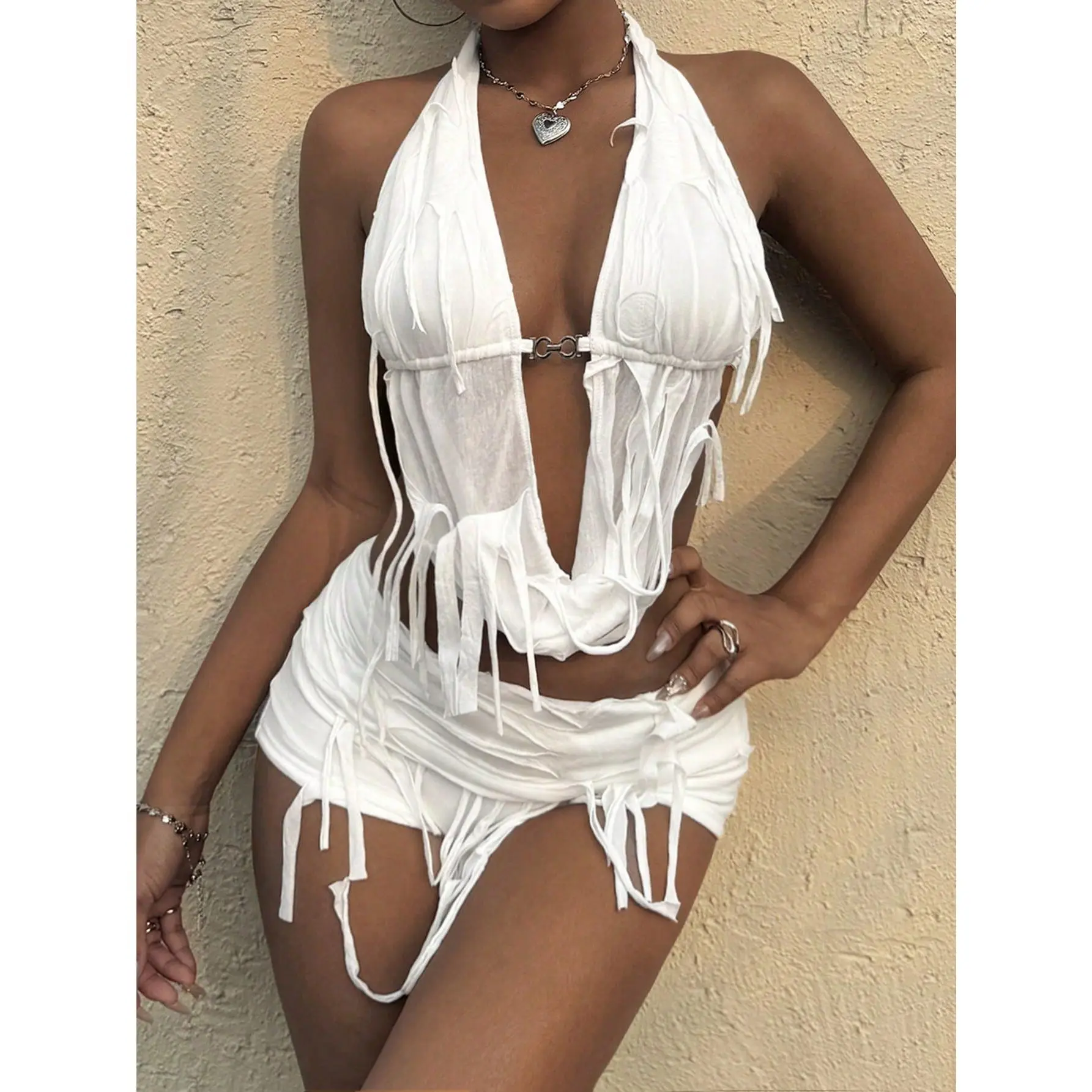 2 Piece Outfits Distressed Draped Halter Top and Mini Shorts Set Rave Club Outfits