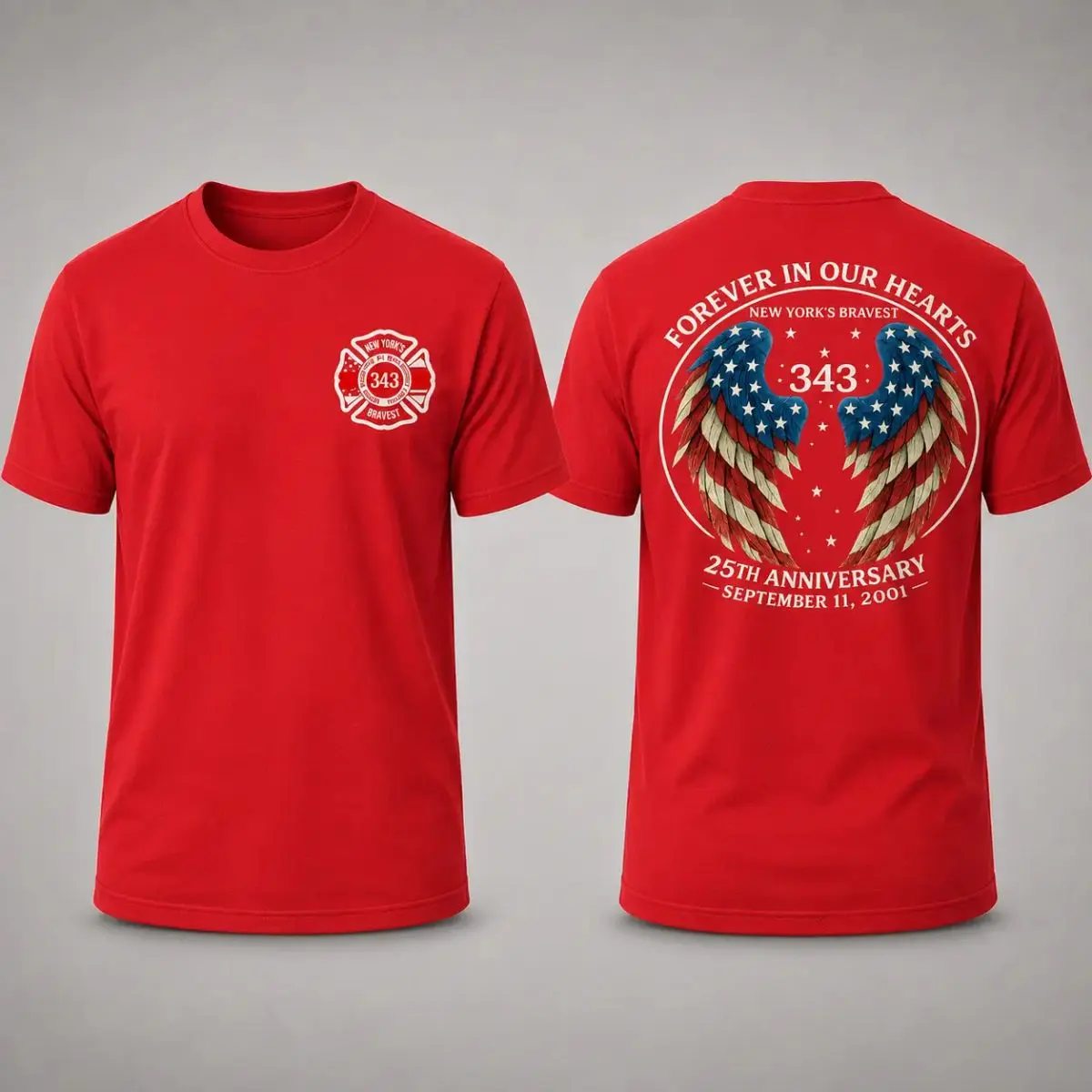 Men’S 343 Fallen Firefighters 9/11 25th Anniversary Short Sleeve Graphic T Shirt, Forever In Our Hearts Angel Wings Memorial Tee, Unisex Short Sleeve Tee, Graphic Streetwear T-Shirt