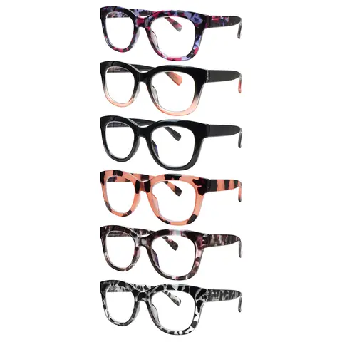 Female Blue Light Blocking Reading Glasses 6-Pack - Lightweight Durable Eyewear Fashion, Handy Trending Eyeglasses, Spring Hinges, All Face Shapes Fit, Mix Color for Phone, Gaming, Daily Commutes with Included Box