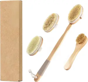 Dry Brushing Set - Natural Boar Bristle Body & Face Brush, Wooden Long Handle Scrub Brush for Cellulite & Lymphatic Drainage Body Care, Detachable, 3 Brush Heads