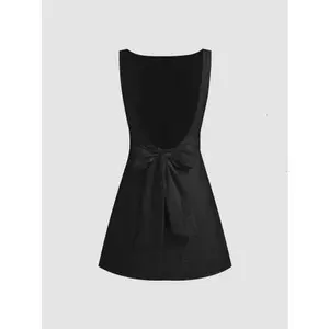 CIDER Linen-blend Boat Neck Solid Knotted Backless Mini Dress