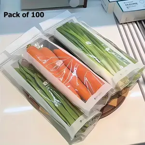 100 Pack Long PE Resealable Food Bags, Clear Disposable Press Seal Freezer Bags for Fruit Vegetables Raw Meat Grains Food Portion Storage, Moisture Resistant Space Saving Kitchen Fresh Keeping Bags