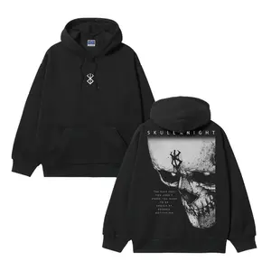 Berserk "The Demon King" Heavyweight Vintage Hoodie Cotton Blend Classic Anime Sweatshirt Menswear Tops Pullover Long Sleeve Casual Biker Black Slogan Print Crewneck Wetsuit Skull Knight