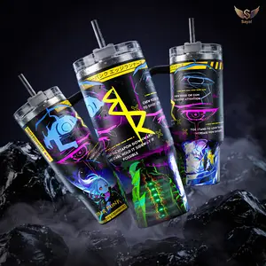 Lucy David Rebecca Cyberpunk Edgerunners 40 oz Vacuum Insulated Water Bottle, 18/8 Steel Travel Mug with Handle, Vibrant Neon Japanese Text Design, Leakproof Portable Bottles for Cosplayers, Sci-Fi Gift