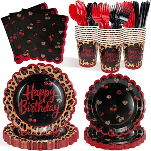 168Pcs Red Cheetah Print Birthday Decorations - Serves 24 Guests, Red and Black Cheetah Cherry Party Decorations Include Plates, Napkins, Cups, and Cutlery, Leopard Party Supplies for Girls Women