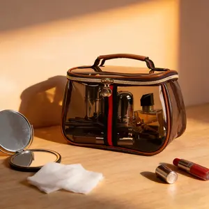 Vintage Clear Makeup Organizer Bag with Handle, Large Capacity Travel Toiletry Vanity Case, Perfect Skincare Storage Pouch Gift for Women