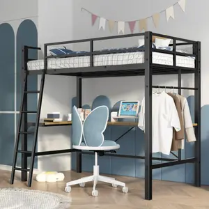 Twin Metal Loft Bed with L-Shaped Desk, Charging Station Loft Bed Frame Twin Size, Safety Guard & Ladder, No Box Spring Needed, Black