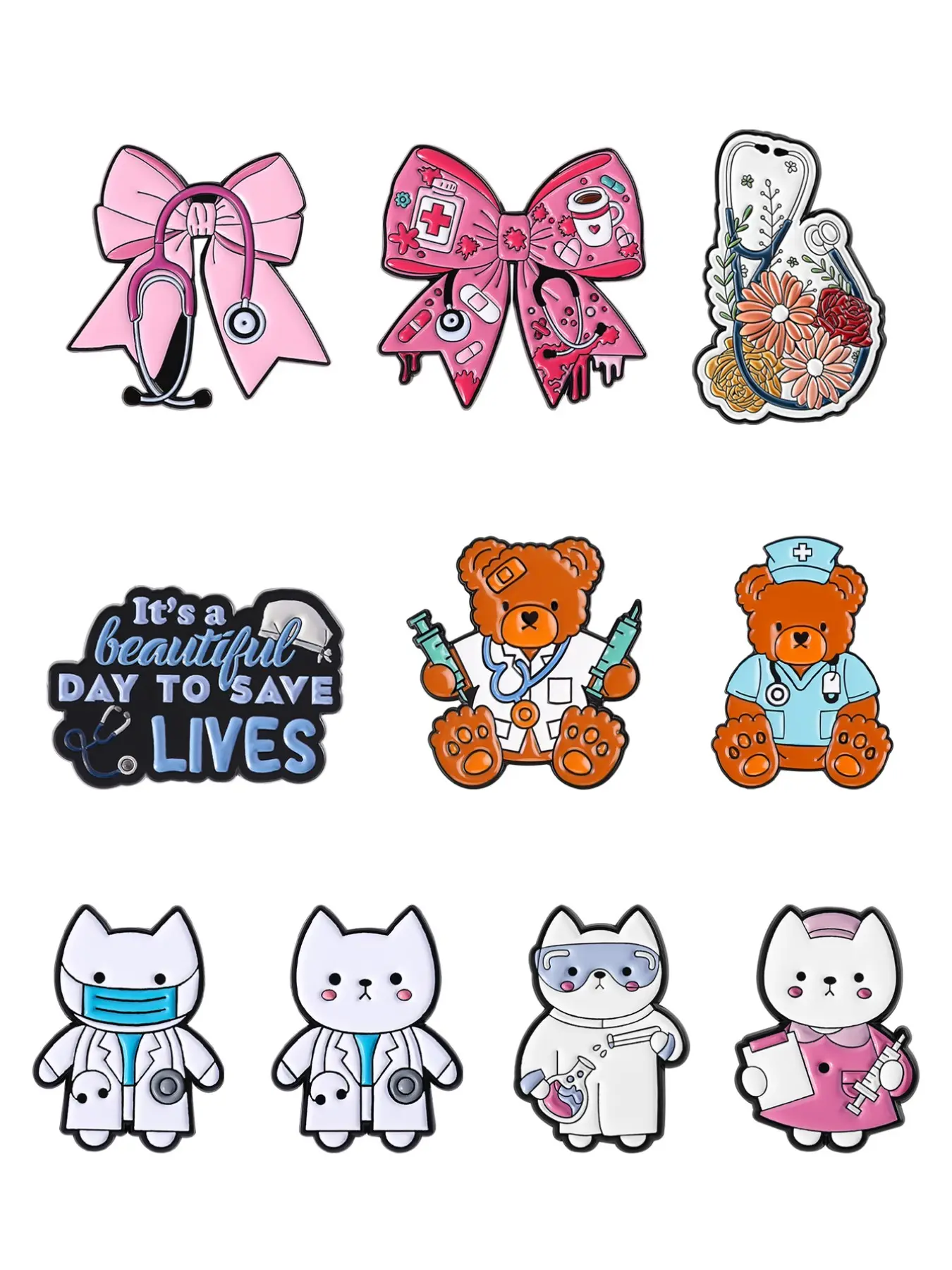 10pcs Healing Healthcare Theme Badges Set, Floral Heart Motivational Quotes, Cute Pet Design Brooch Pins, Ideal for Medical Students & Practitioners, Medical Staff, Floral Designs
