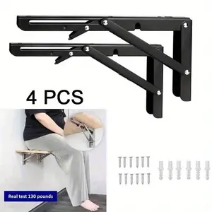 4 Pcs Black/Steel Folding Shelf Bracket, Heavy Duty Floating Triangle Shelf Bracket, Foldable Shelf Bracket, Desktop Wall-Mounted L-Shaped Table with Screws Hinge Bracket