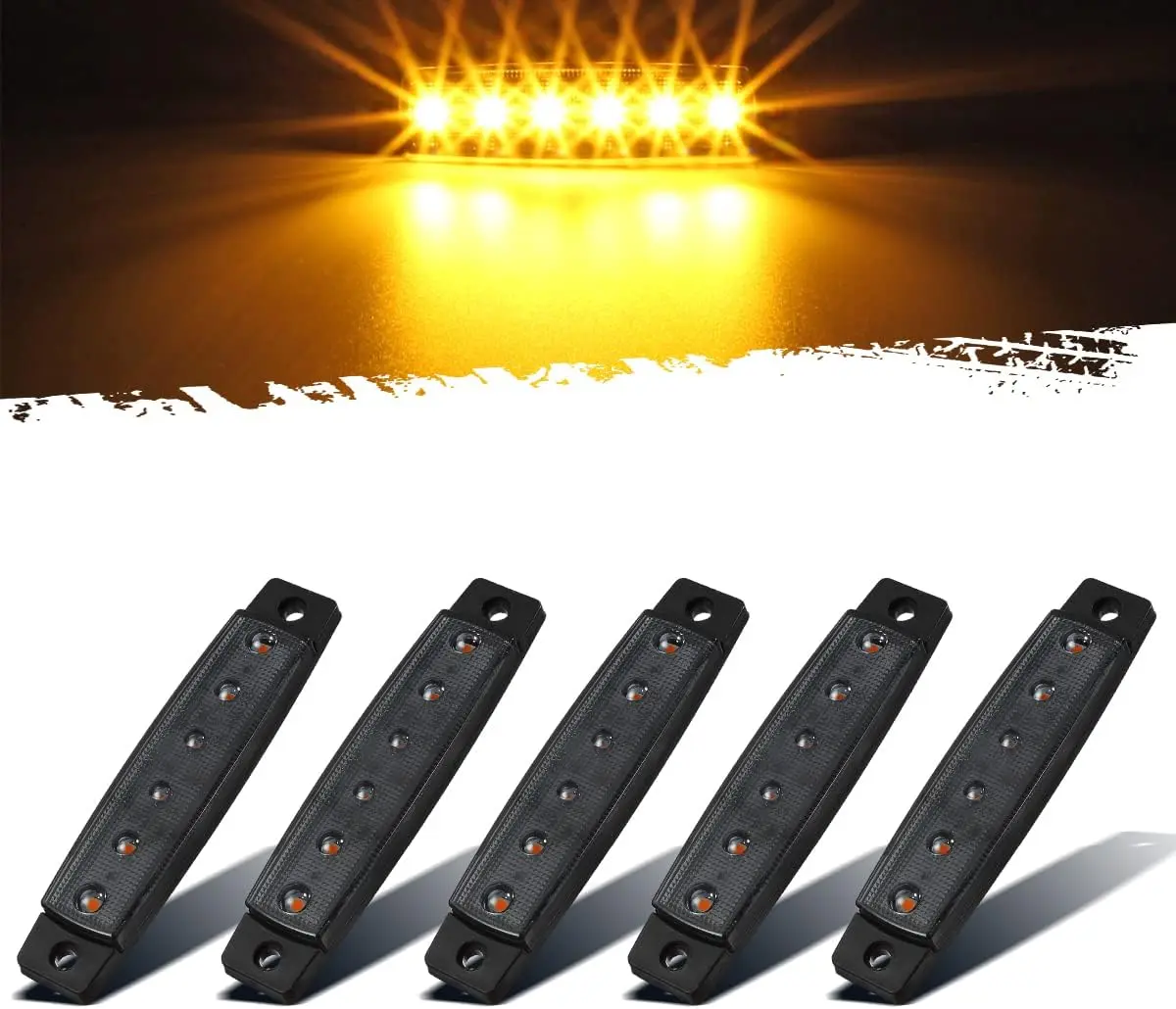 5Pcs 3.8" Thin-Design Smoke/Amber 6 LED Side Marker Parking Lights - Sealed Waterproof, Smoked Lens, 12V, Center Hole Mount, Turn Signal Rear Lights for Buses/Trucks (Automotive Clearance Indicators), 5 Pieces, Turn Signal Light