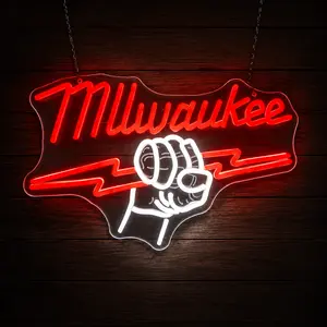 Milwaukee LED Neon Wall Sign – USB Powered Red & White Glow, Workshop & Garage Decor, Industrial Man Cave Neon Light, Gaming Room Accent, Indoor Party Bar Decoration, Unique Wall Art, Night Glow LED Sign