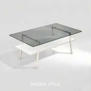 Rectangle Glass Coffee Table, Tempered Glass Top with White Metal Frame, Modern Living Room Center Table, Gray Glass