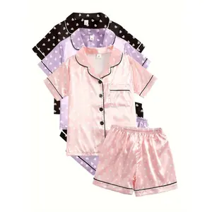 New6pcs Girls' Casual Pajama Set, Short Sleeve Lapel Collar Top & Shorts, Assorted with Heart Pattern, Comfortable Relaxed Fit 8-12 Years Old, Girls Pajama Set