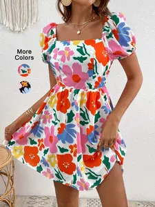 Women's Floral Print Boho Square Neck Puff Sleeve Dress, Womenswear, Casual Vacation, Elegant Long Sleeve A-Line Dress for Spring & Fall, Bohemian