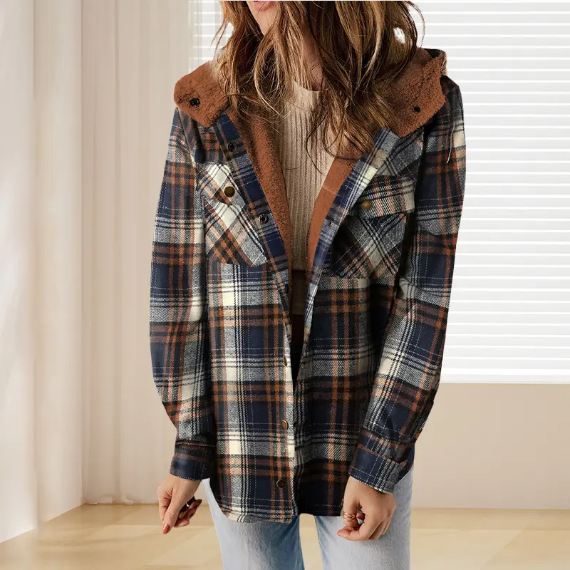 Women's Retro Long-Sleeve Soft Plaid Hooded Flannel Coat - Casual Loose Style, Autumn-Winter Wadded Outerwear for Everyday Wear, Shirt, Vintage, Lattice, Retro Basic, Soft Polyester, Jacket, Loose-Fit, Asymmetrical, Backless, Cold Wash, Do Not Dry Clean,
