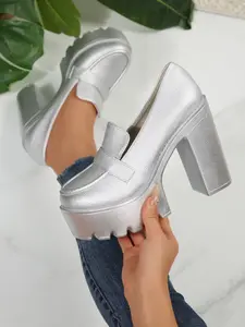 Silver Color Thick Sole Chunky Heel Loafers for Women, Waterproof Platform Ultra High Heels Slip On, Casual Style Height Increasing Shoes