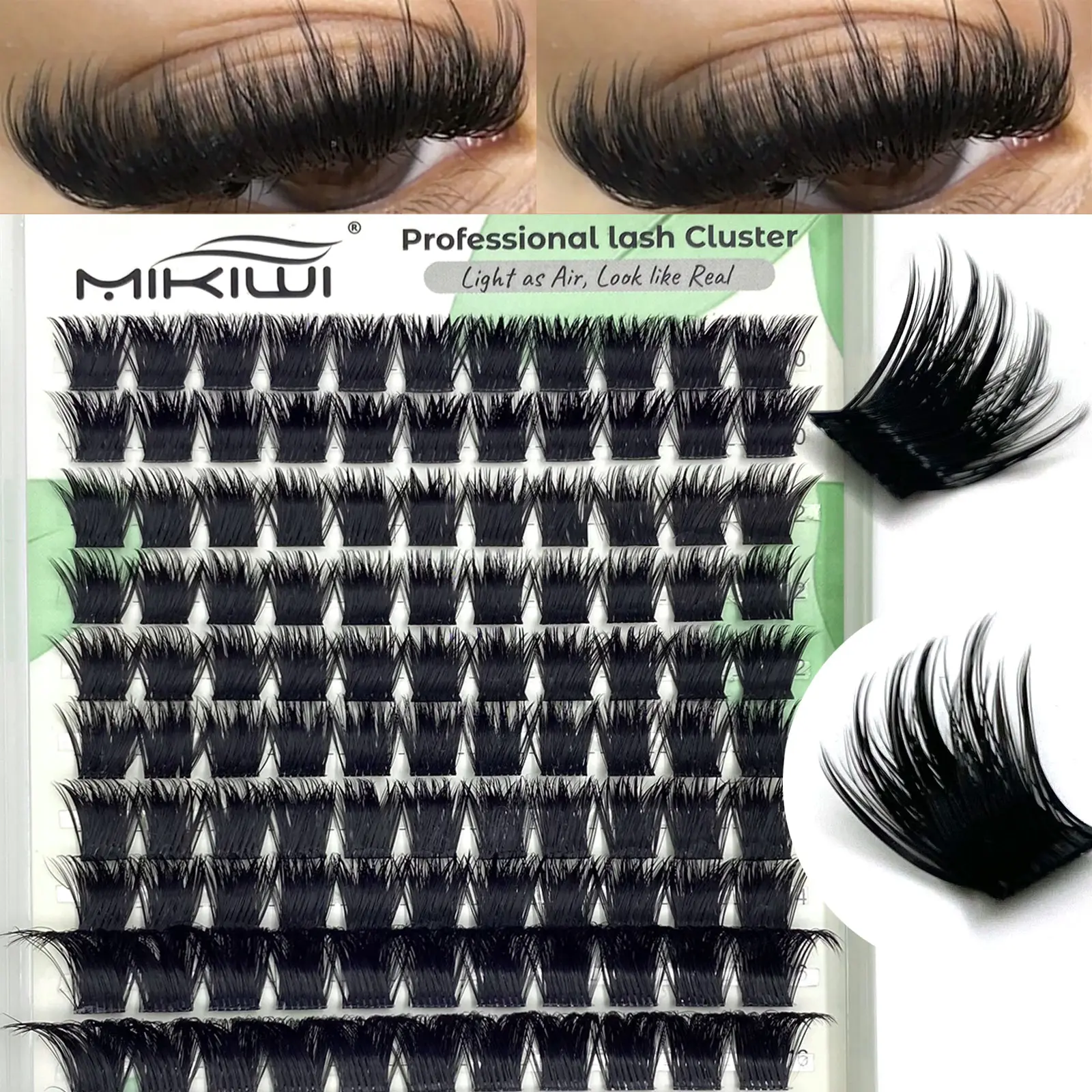 Mikiwi 143PCS Lash Cluster 200 D Curl Cluster Eyelash Extensions Dark Fluffy Lash Clusters Mega Volume Tea Look Lashes 10-18mm False Eyelashes For Beginners