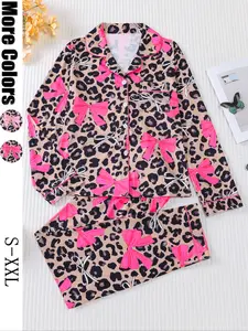 Women's 2-Piece Pajama Set, Bowknot Print, Holiday Party Sleepwear, Soft Shirt Collar Top & Elastic Pants, Casual Home Wear, Matching Pyjamas