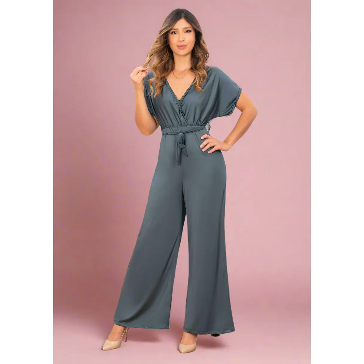 ENTWO01 100%  Authentic Colombian Jumpsuit: Fluid Matte Elegance with Kimono Sleeves