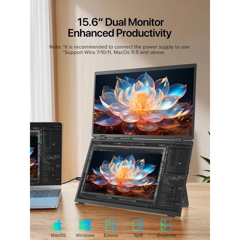 UPERFECT 15.6" Dual Portable Monitor 1080P IPS Folding Stacked Triple Laptop Screen Extender with Stand USB-C mini HDMI Plug