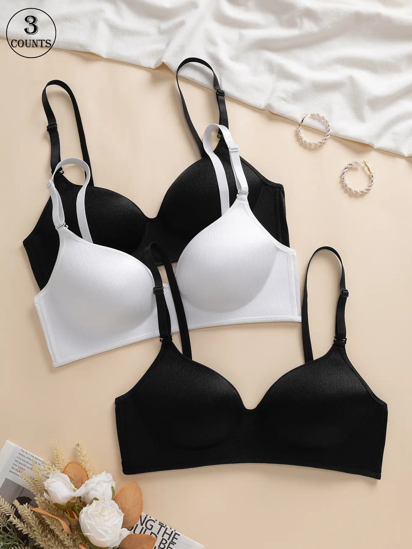 3 piece set of solid color women's bras, Padded Brassieres, suitable for daily wear, with Padded Supportive Underwire, hook-and-eye closure, padded cups, uplift and gather design, adjustable straps, seamless, Push up padded