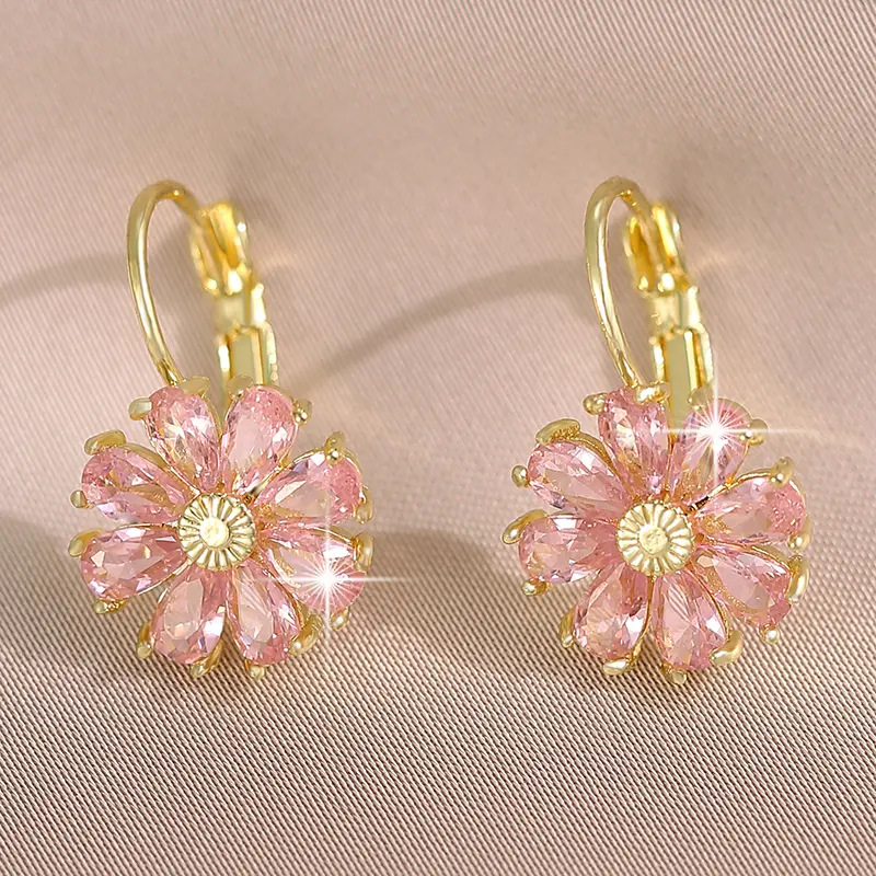 Cute Vintage Pink Flower 14K Gold-Plated Women Earrings with Sparkling Green Blue Colorful AAAAA Cubic Zirconia Drop Earrings Crystal Jewelry Accessories, Tarnish-Resistant Costume Jewelry, Daily Wear, Engagement Gift for her