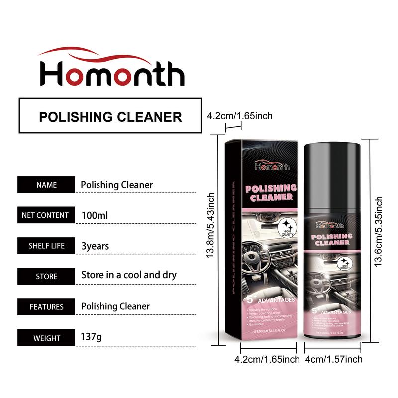 Car Interior Polish Cleaner, Interior Plastic and Leather Restorer, Deep Cleaning Shine and Renew Spray, Removes Dirt Grime and Stains, Protects Against Dust Fading and Aging, Long Lasting Gloss Auto Interior Care for Dashboard Door Panel and Trim