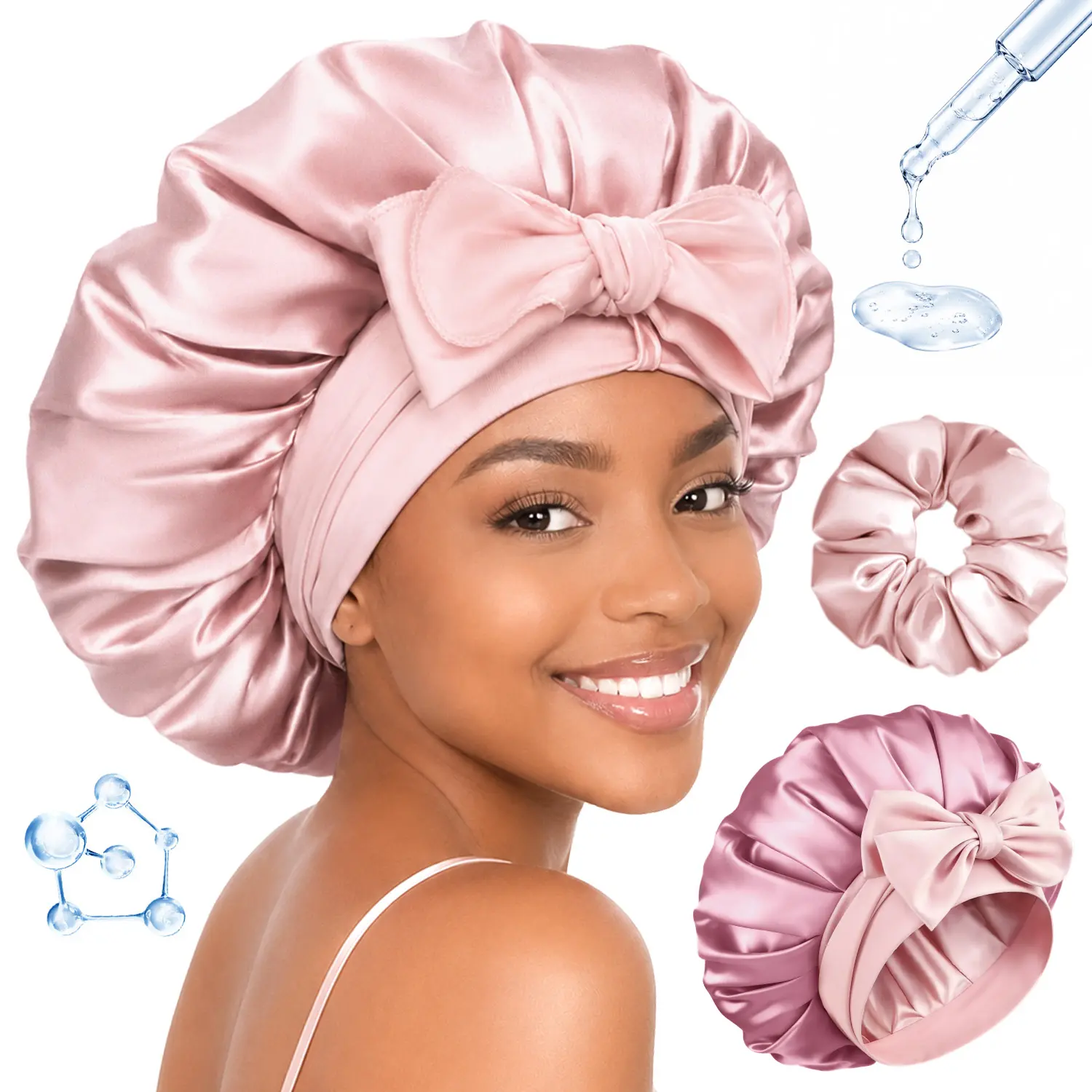 BONNET QUEEN Women's Satin Bonnet Hat for Curly Hair - Pink Champagne/Rose Gold, Hyaluronic Acid Double Filler, Adjustable Reversible Elastic Band with Scrunchie, Machine Washable Anti-Frizz Heatless Smooth Haircare Accessory Gift Idea summerwins,summerwi