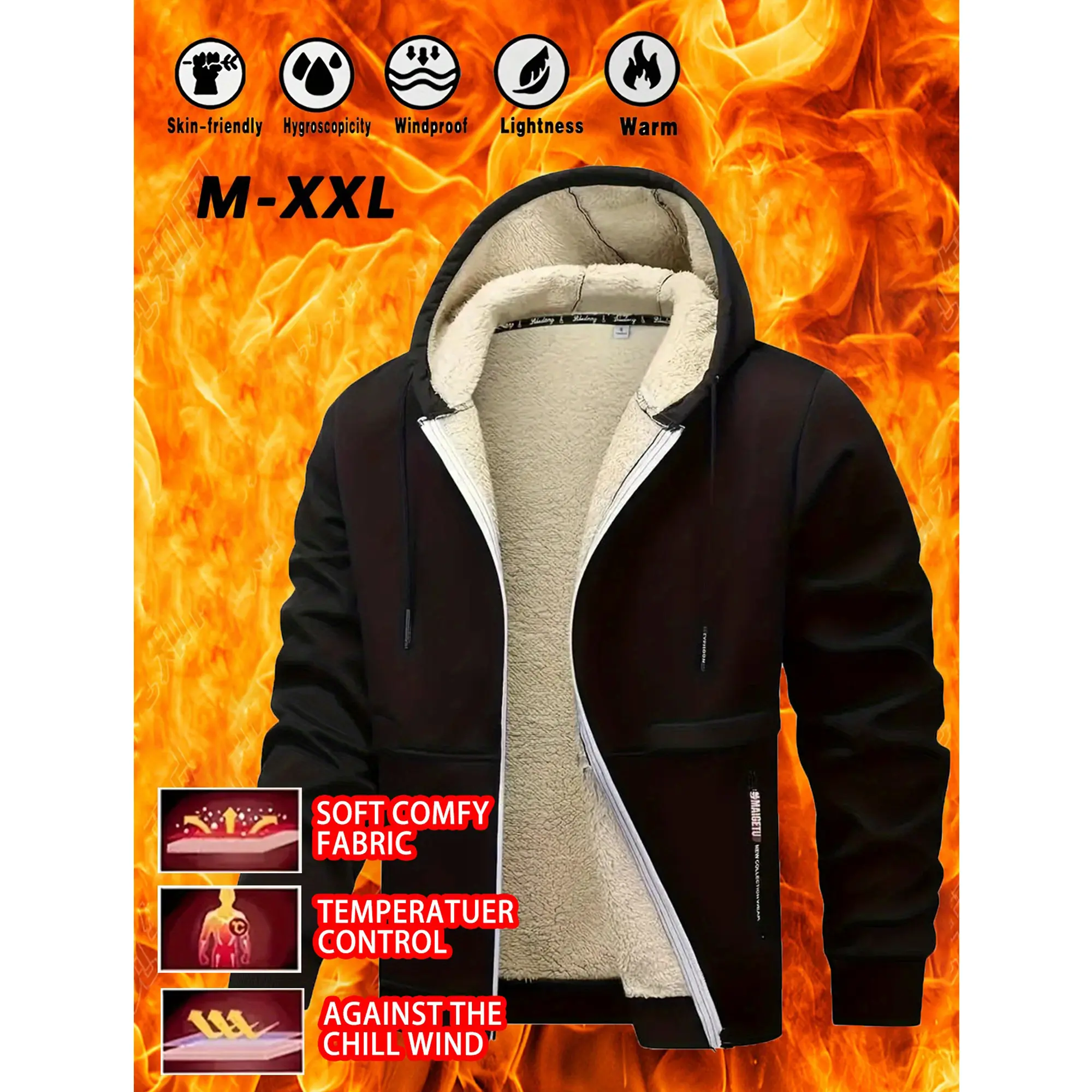 Men's Winter Fleece Lined Thick Warm Jacket Coat Drawstring Hooded Design Zipper Closure Soft Comfy Fabric Suitable for Casual Sports and Running Menswear Tops